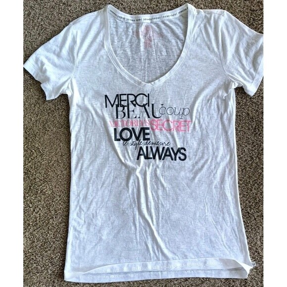 Victoria's Secret Graphic V-Neck T-Shirt Sz Large Super Model Essentials Burnout - Picture 1 of 7